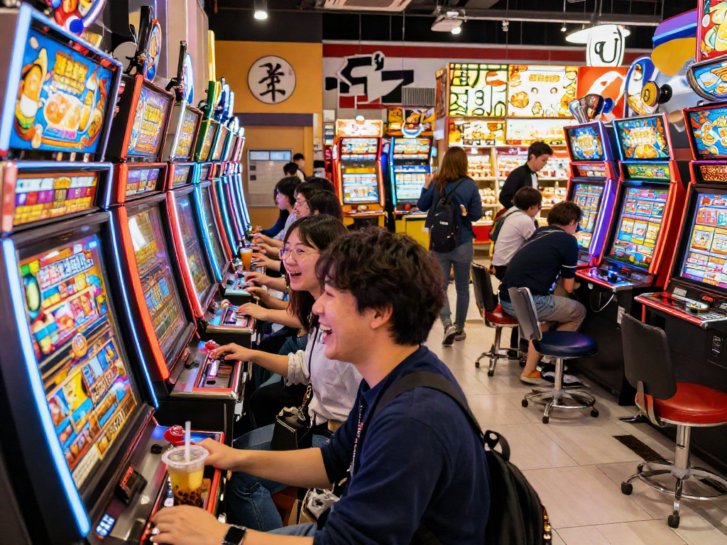 Excited tourists playing slot jepang machines at a vibrant arcade.