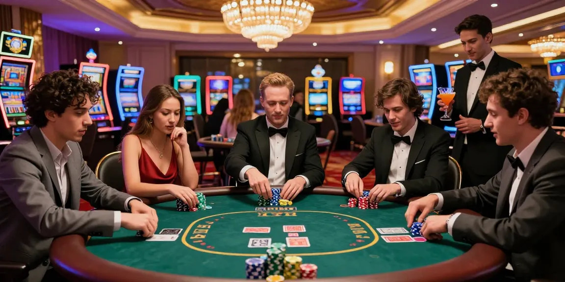 Lucky77 casino scene with friends enjoying poker, showcasing excitement and vibrant atmosphere in a luxurious setting.