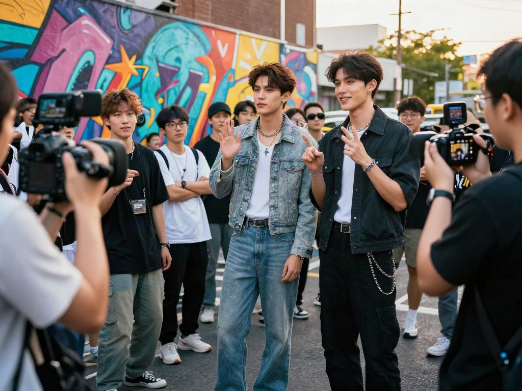 Two celebrities that look alike posing together in urban setting during golden hour