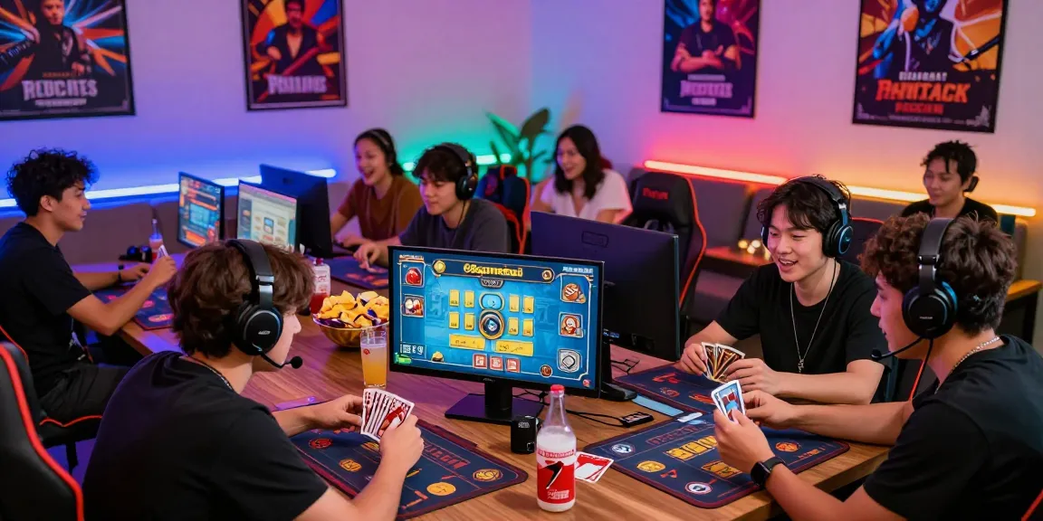 Players enjoying 68gamebai in vibrant online gaming setups with snacks and fun decorations.