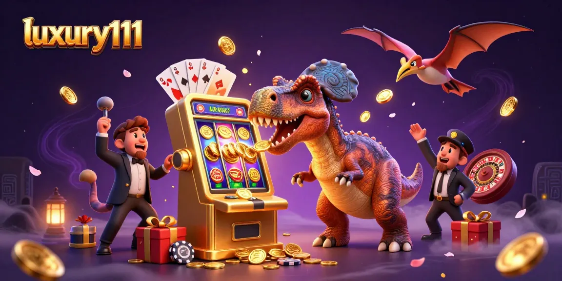 Experience luxury111 with an exciting jackpot! A pachycephalosaurus scores big at the slot machine, while coins fly around.
