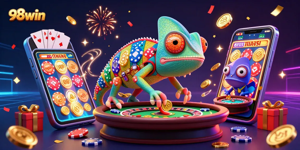 Experience exciting games at 98win casino with vibrant chameleon owner, spinning slots, and golden coins!