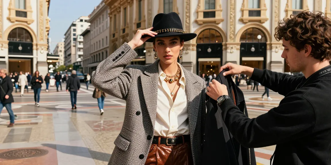Modèle posant à Milan avec un look de mode sophistiqué, aperçu du travail d'un photographe mode Milan.