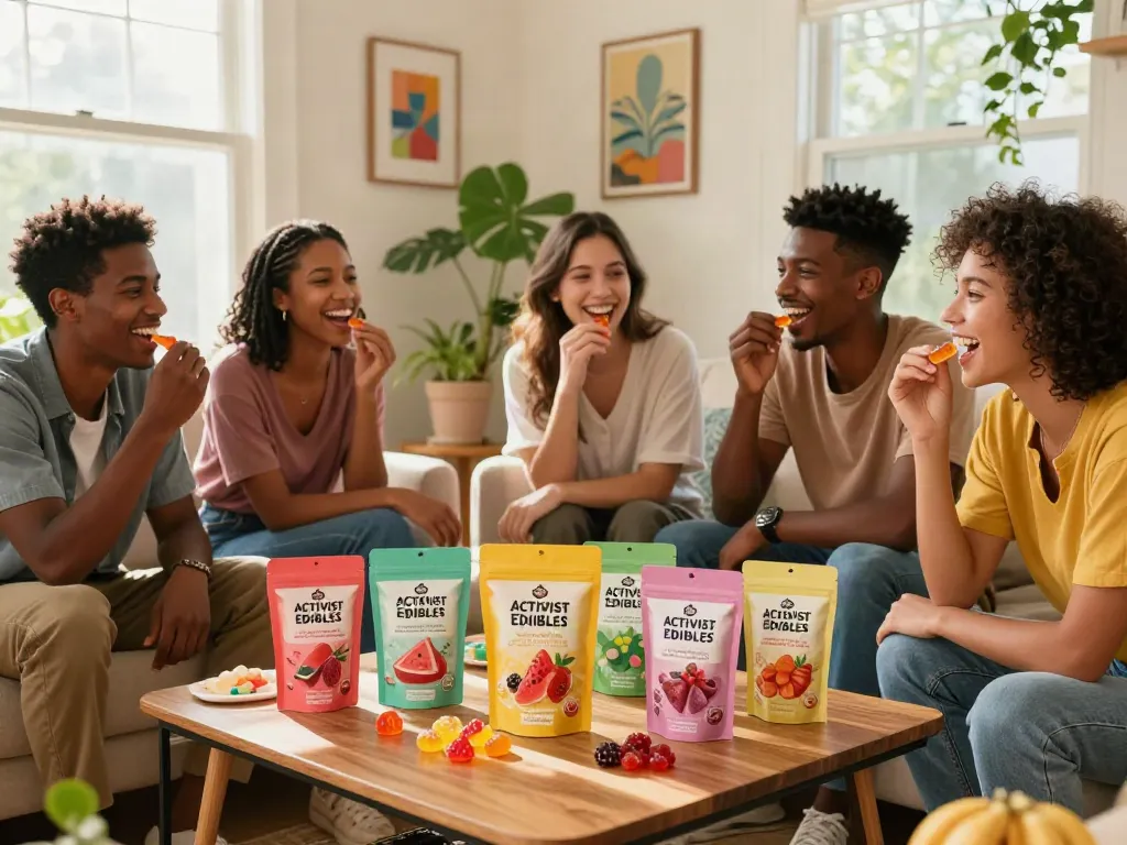 Friends enjoying Activist Edibles gummies in a cozy living room, highlighting quality infused treats.