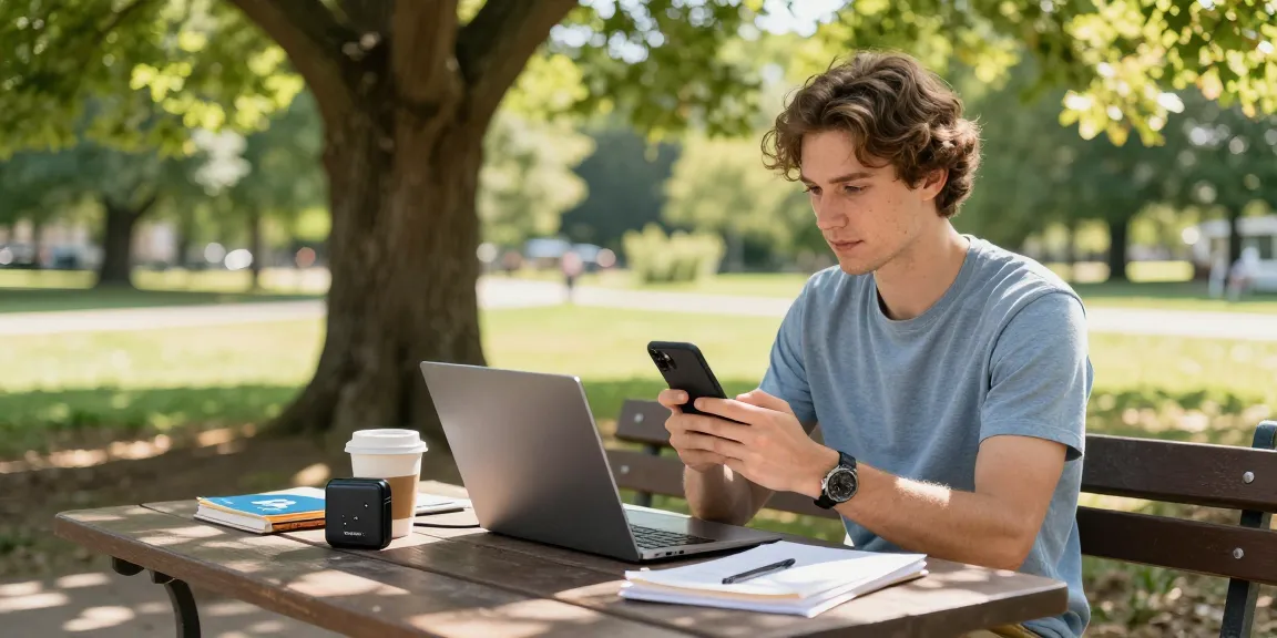 Traveler accessing Telegram with a VPN in China, enjoying serene outdoor workspace.