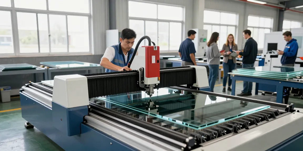 CNC glass cutting machine in a vibrant industrial setup with skilled professionals focusing on precision cutting tasks.