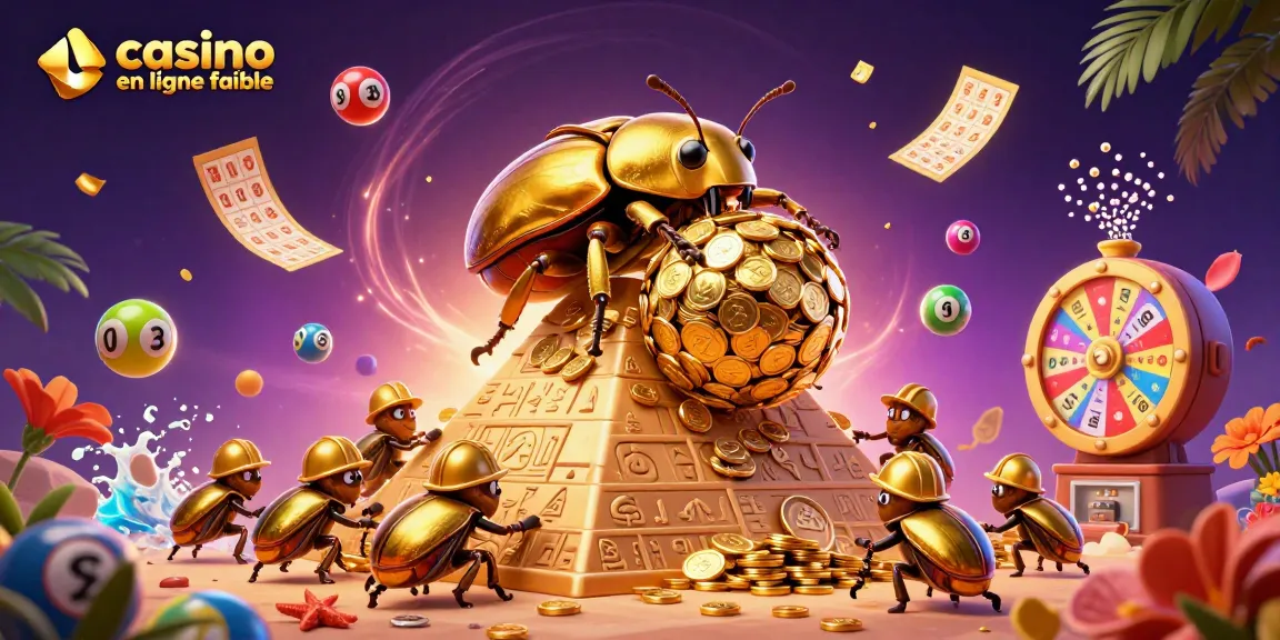 Un moment captivant de casino en ligne fiable avec des scarabées dorés sur une pyramide.