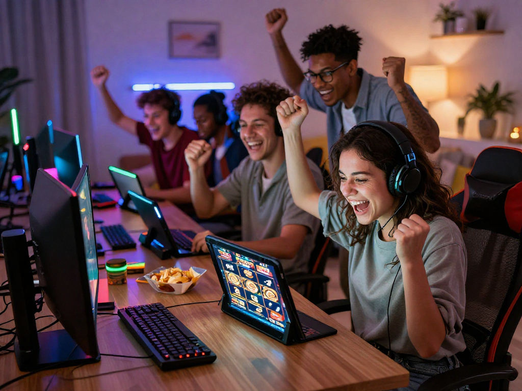Players enjoying daftar raja328 online gaming at home with excitement and camaraderie.