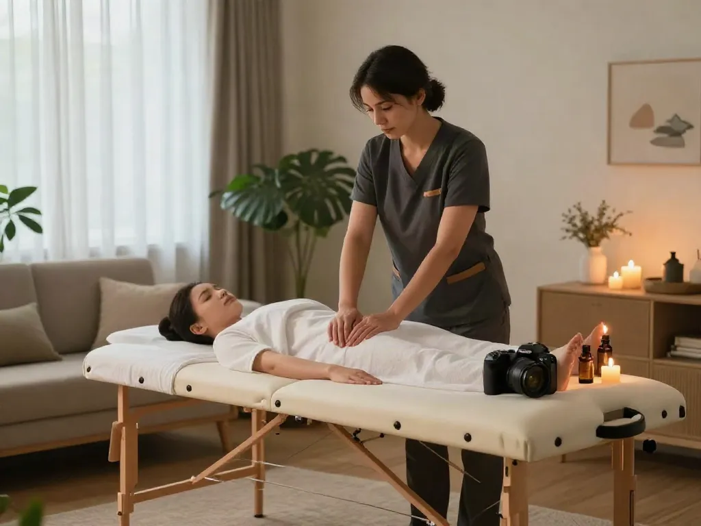 Relaxing 출장마사지 session in a cozy living room with a therapist applying soothing techniques and aromatherapy oils.