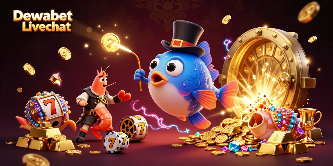 Dewabet Livechat attracts players with a vibrant 3D casino scene featuring an anglerfish in a top hat.