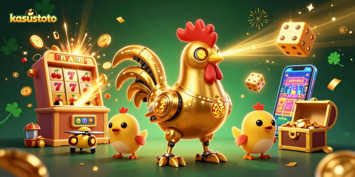 Kasustoto menawarkan pengalaman bermain yang menarik dengan robot ayam emas dan mesin slot jackpot yang menyala.