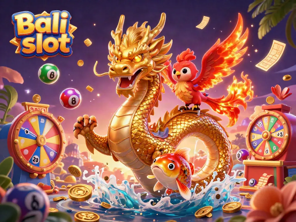 Experience the thrill of Bali slot with a vibrant dragon and phoenix amidst flowing coins.