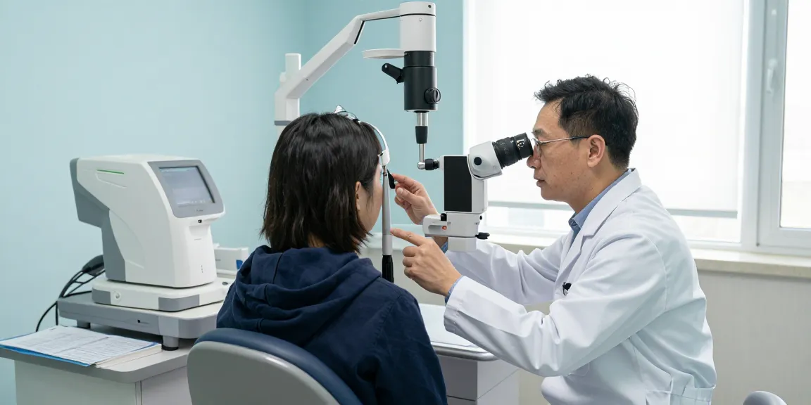 Dry Eye Treatment assessment in an ophthalmology clinic with patient and doctor.