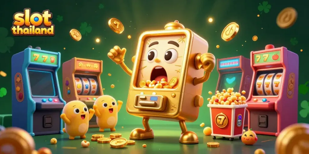 Engaging 3D illustration of slot thailand featuring a joyful golden slot machine celebrating a jackpot.