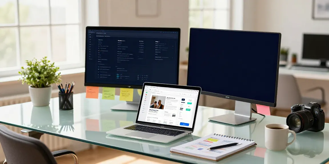 Workspace scene showcasing RSS content generation for blogs with a content creator and dual monitors.