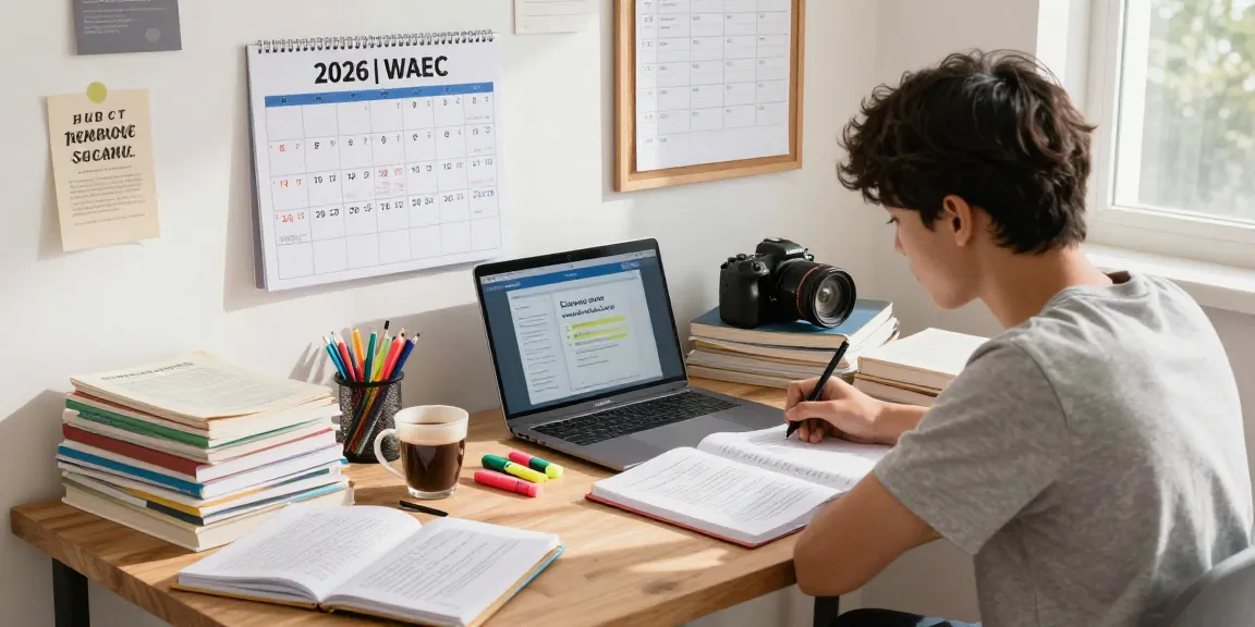 Student preparing for the 2026 WAEC timetable in a bright study environment with books and study materials.