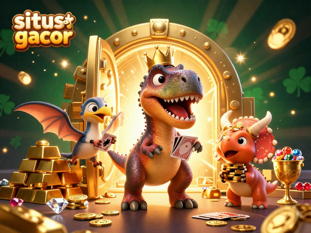Experience the excitement with the situs slot gacor as dinosaurs stack chips and shuffle cards in a vibrant casino scene.