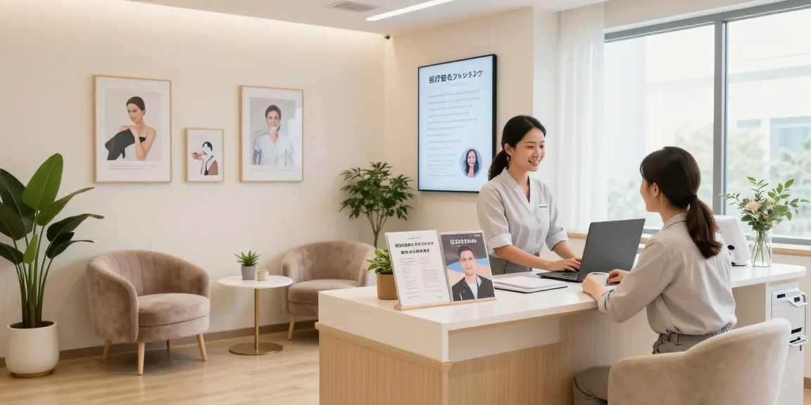 フレンドリーな receptionist がいる医療脱毛+クリニックのウェルカムレセプションエリア。