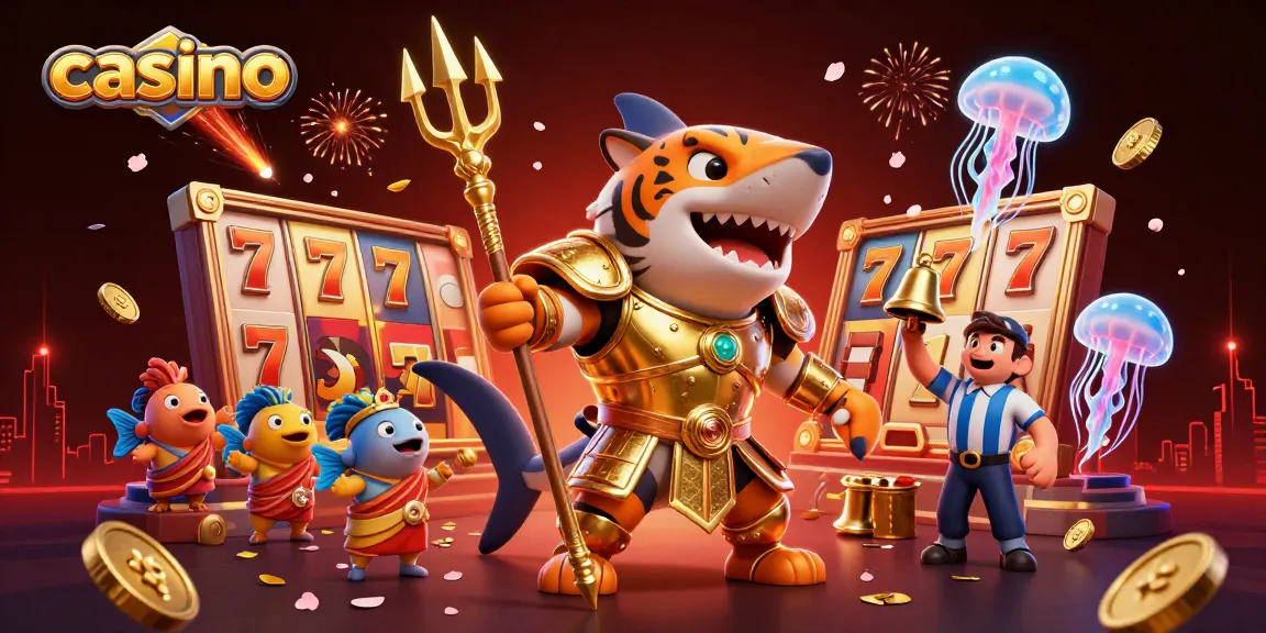 Experience thrilling casino gameplay with vibrant 3D slot reels and a fierce shark champion