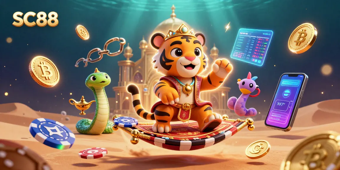 Join the excitement at SC88 casino with a vibrant 3D illustration depicting high-stakes gaming and rich rewards.