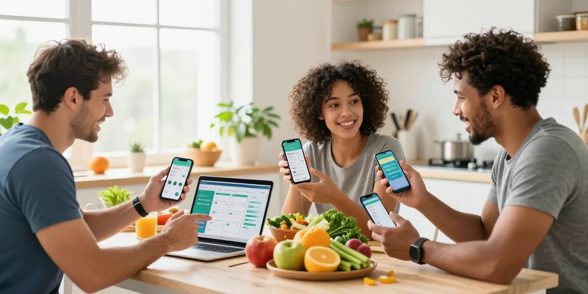 Engaging discussion about the best calorie tracker app amidst healthy foods in a bright kitchen.