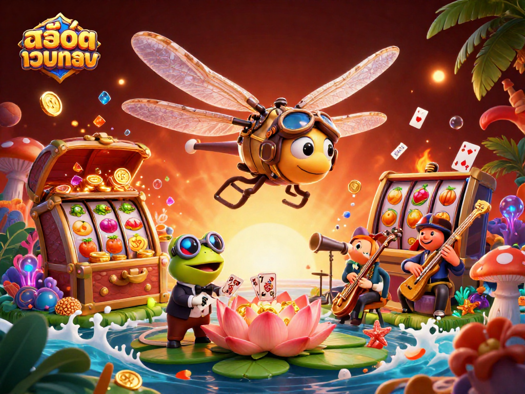 Experience the thrill of สล็อตเว็บตรง with a vibrant 3D casino scene depicting a dragonfly pilot and frog croupier.