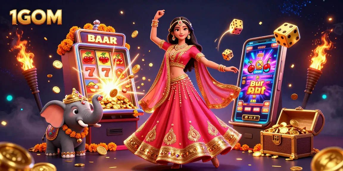 1GOM showcases a vibrant scene with a woman in lehenga, bejeweled elephant, and dynamic casino elements