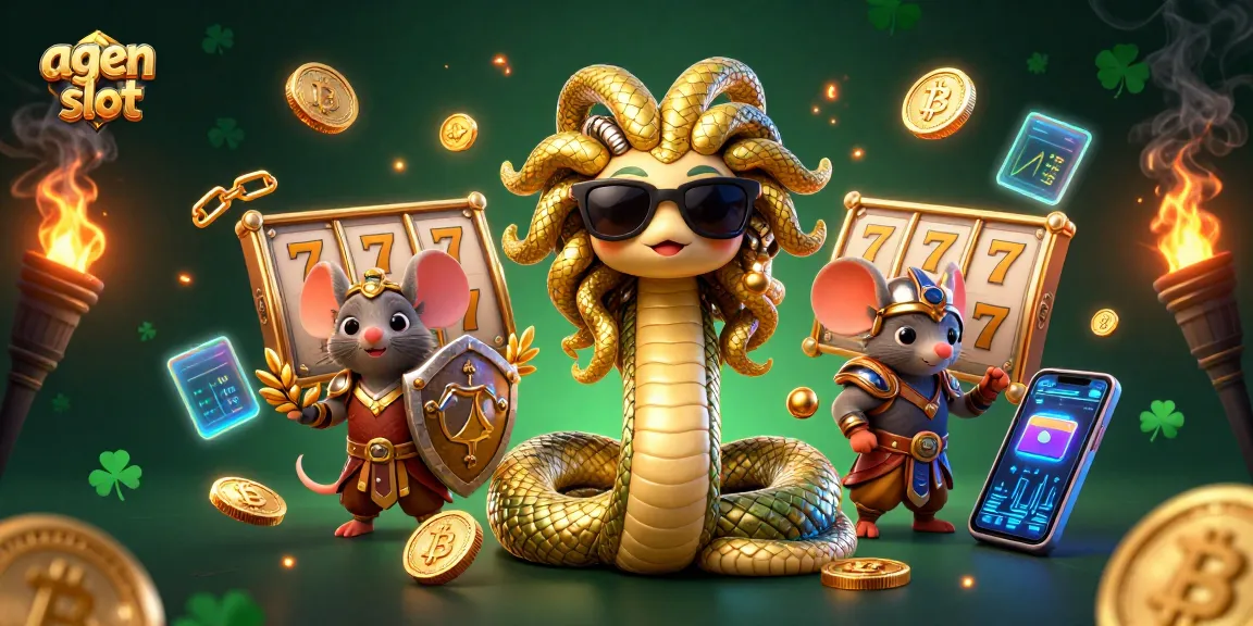 Engage with slot games and crypto elements in this vibrant agen slot illustration featuring Greek characters.