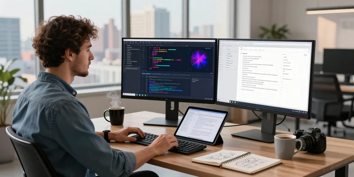 Innovative tech workspace showcasing software development at teiegramin.com with modern tools and vibrant coding screens.