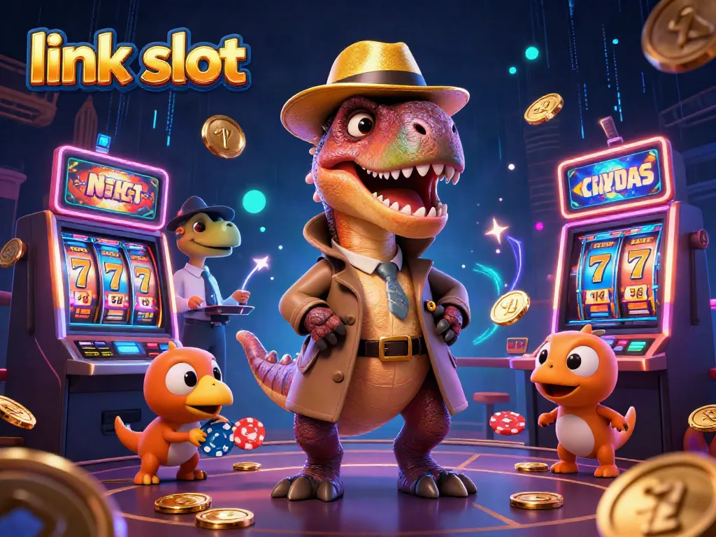 Taruhan slot menarik dengan link slot oleh karakter ikonik dalam suasana kasino yang meriah.