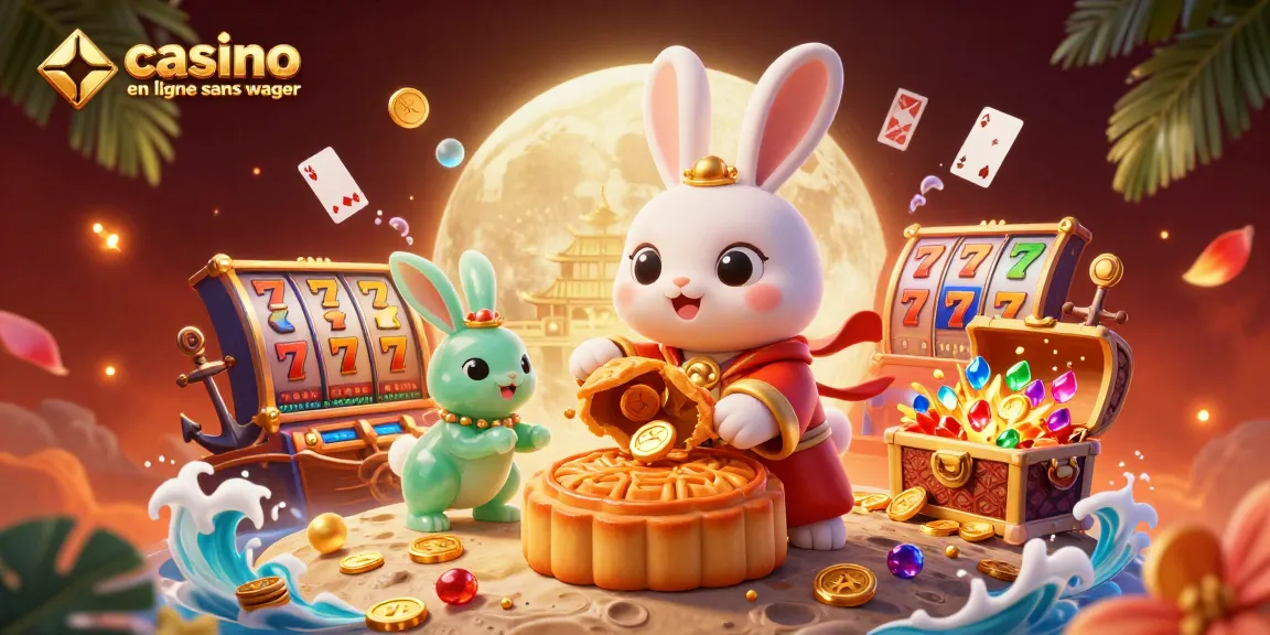 Illustration captivante représentant le casino en ligne sans wager avec des symboles de jeu colorés et un lapin lunaire.