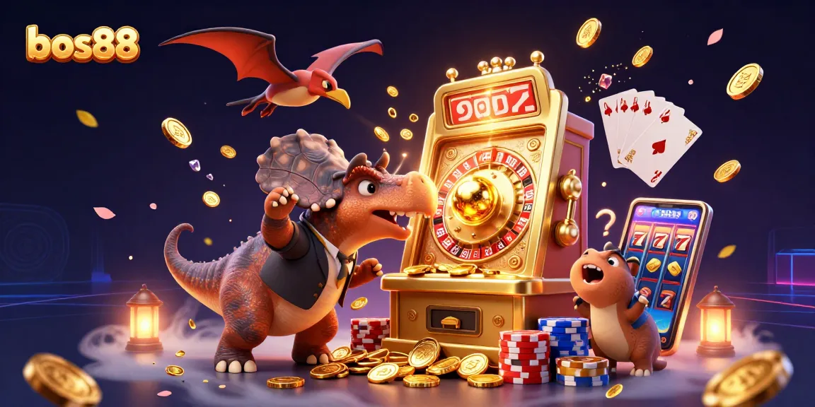Engaging scene of bos88 with a hilarious dinosaur, golden coins, and a casino setting.