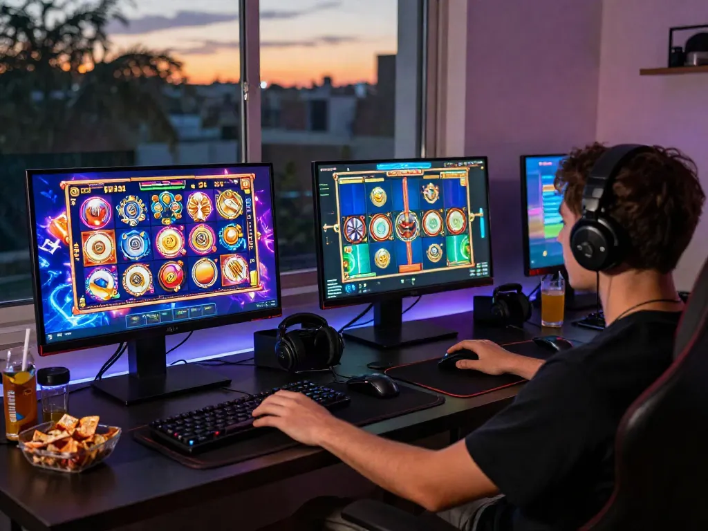 Player enjoying a slot gacor game at home with immersive setup and colorful screen.