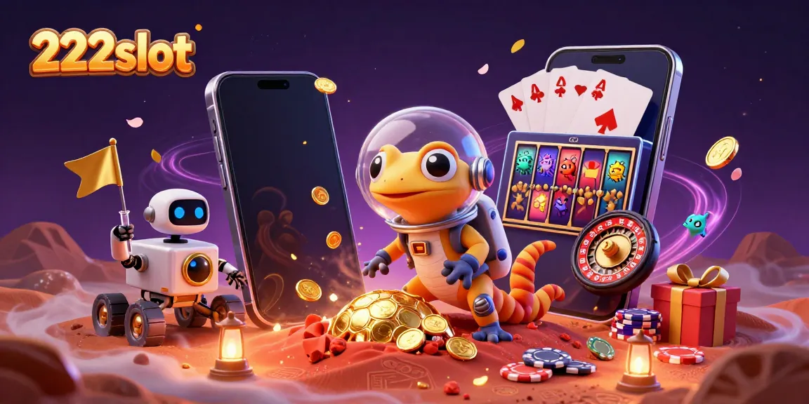 Mainkan 222slot dengan gecko Martian dan robot di latar belakang kasino emas di Mars.