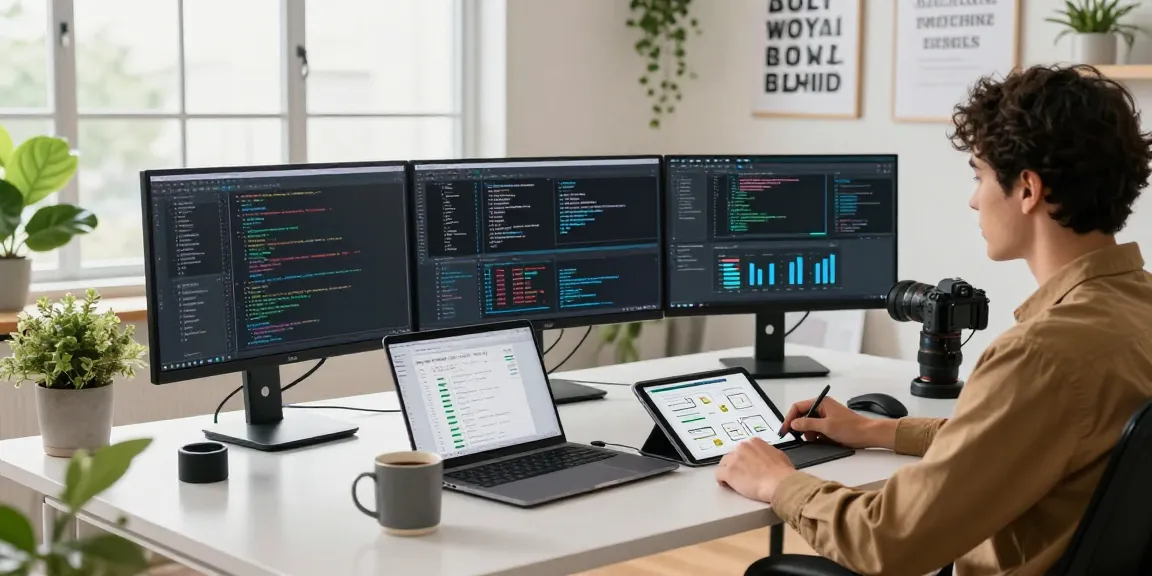Digital workspace depicting telegraimin.com software development with multiple monitors, coffee, and bright decor.