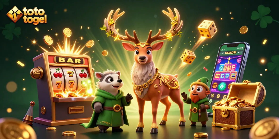 Experience thrilling toto togel excitement with vibrant 3D illustration of stags and slot machines!