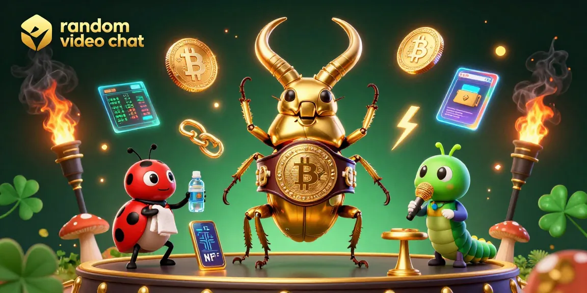 Engage in random video chat with vibrant characters amid glowing casino elements and crypto icons.