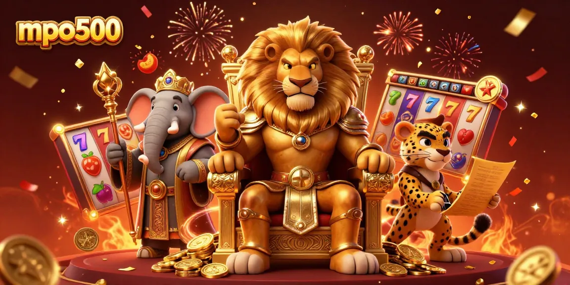 Experience thrilling wins at mpo500 with a royal lion king, wise elephant, and swift cheetah amid vibrant casino elements.