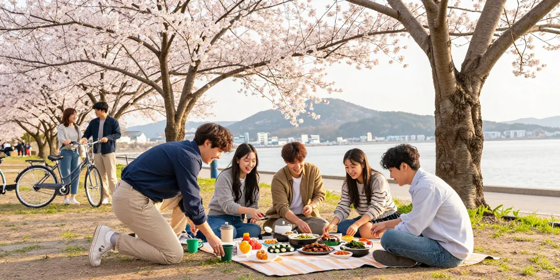 순천OP에서 친구들과 함께하는 즐거운 피크닉 장면, 벚꽃 아래에서 전통 한식 음식을 나누는 모습