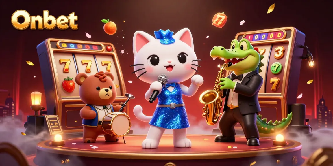 Win big at Onbet with vibrant 3D casino characters celebrating around slot reels.
