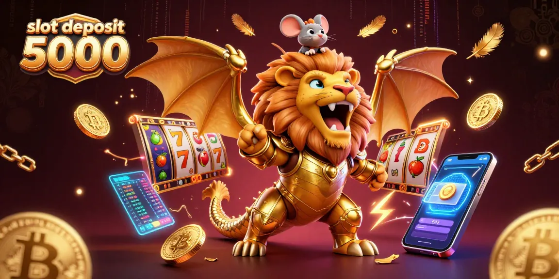 Experience the thrill of slot deposit 5000 with a dynamic 3D casino scene featuring golden chimera and crypto elements.