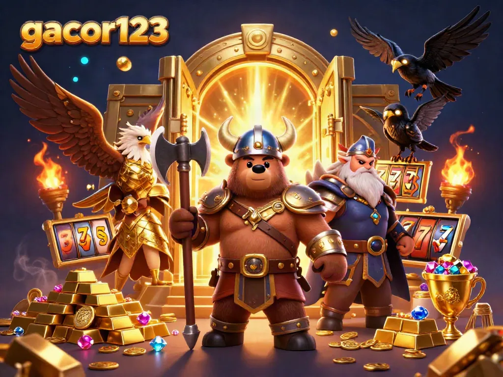 Engage with gacor123's thrilling jackpots alongside a bold Viking bear and Valkyrie eagle.
