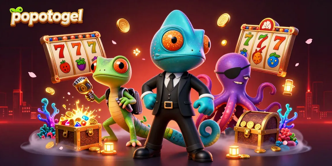 Experience excitement with popotogel's vibrant 3D illustration showcasing thrilling slots and colorful gems.