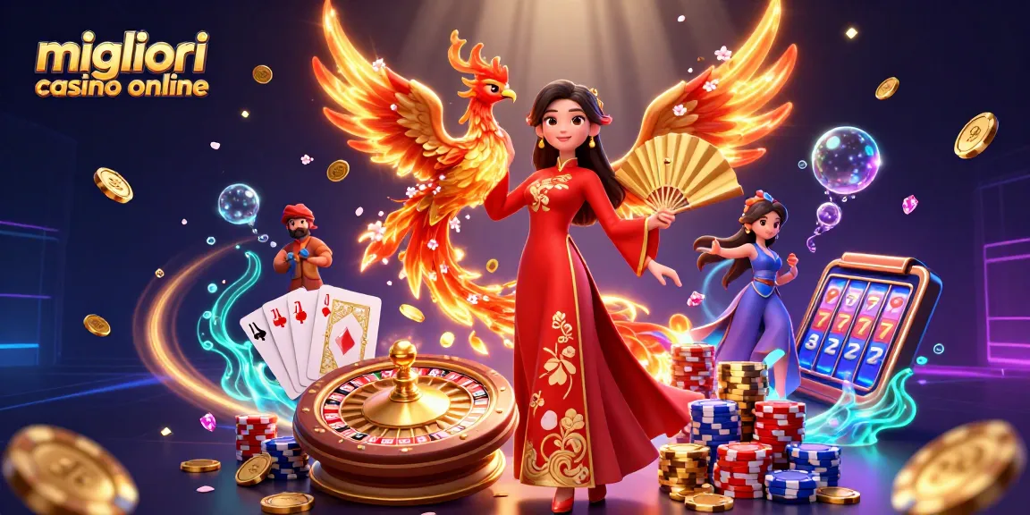 Migliori casino online, scena vibrante in 3D che mostra una donna in abiti tradizionali e un fenice tra elementi da casinò.