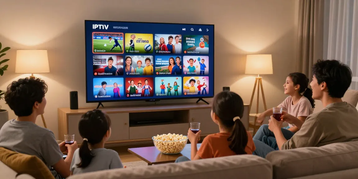 Famille profitant de l'abonnement IPTV Belgique dans un salon chaleureux, regardant des émissions variées.