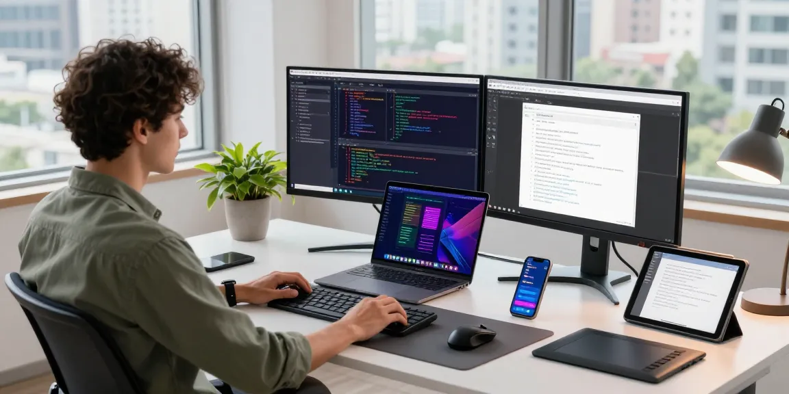 Developer using snipaste on dual monitors in a modern workspace, showcasing a coding and design setup.