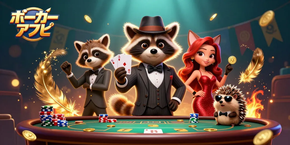 ポーカーアプリで勝利を重ねるスワイプ紳士のラコーンと仲間たちのイラスト。