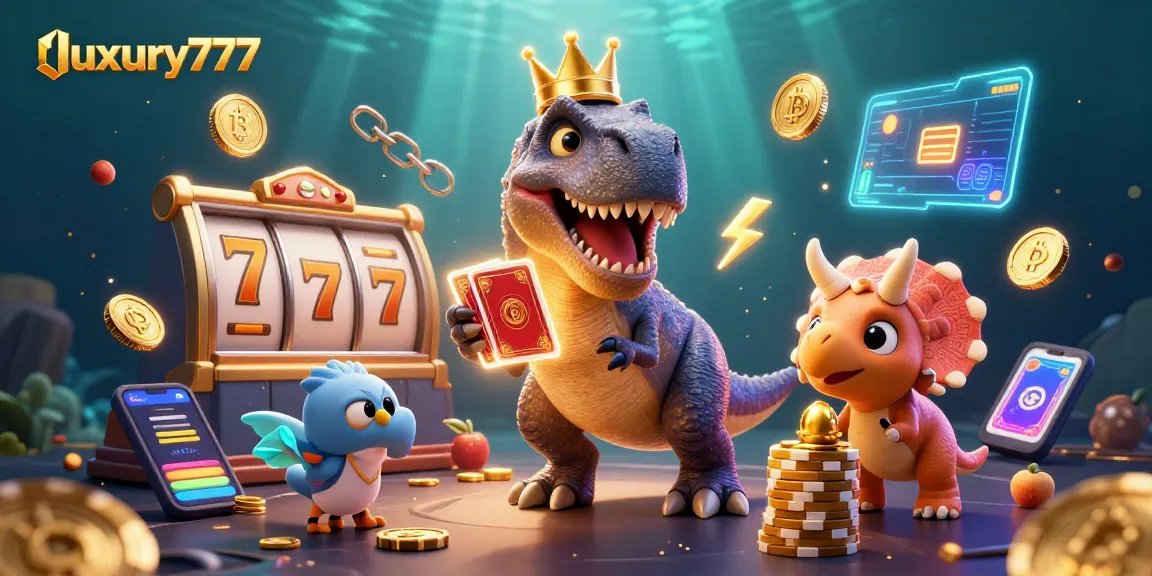 Win big with luxury777 as T-Rex and friends shuffle cards amidst glowing slot reels and neon coins