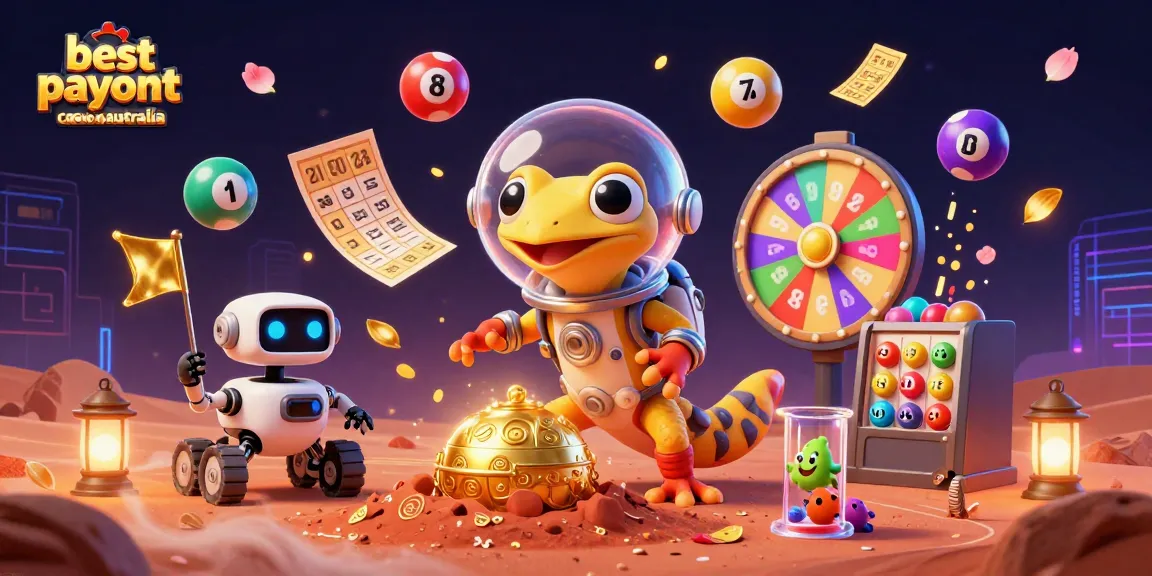 Experience the excitement of best payout casinos australia with Martian gecko exploring a golden casino.