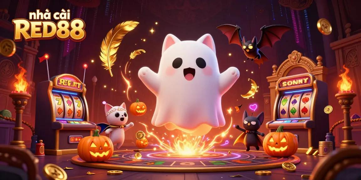 Experience excitement at nhà cái RED88 with a ghost cat, bat companion, and glowing jack-o-lanterns.